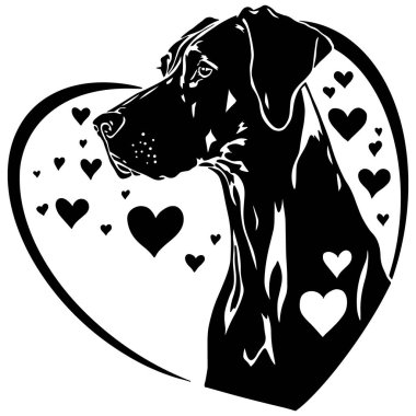 Kalp çerçevesi ve yüzen kalpleri olan büyük Danimarkalı köpek, zarif siyah çizgi sanat tasarımı hayvan severler ve el sanatları için mükemmel..