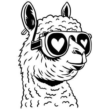 Kalp şeklinde güneş gözlüğü takan şık alpaka kalın siyah çizgi sanat tarzında havalı ve komik hayvan resimleri..