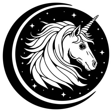 Tek boynuzlu at kafası ay ve yıldız çemberinin içinde uçuşan yelesi, mistik fantezi tasarımı sihri ve rüyaları simgeliyor..