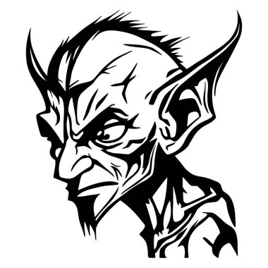 Siyah-beyaz fantezi cin kafası, güçlü çizgiler ve ifade, baskı ve kesim projeleri için vektör sanatı.