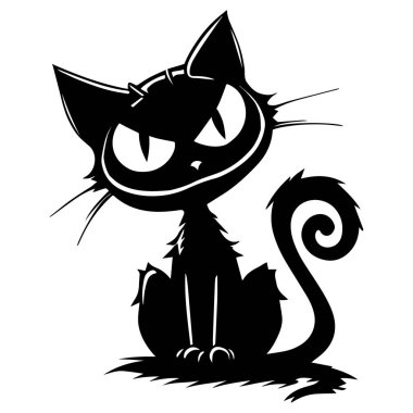 Büyük gözleri ve kıvırcık kuyruğu olan stilize edilmiş siyah kedi, komik gotik çizim.