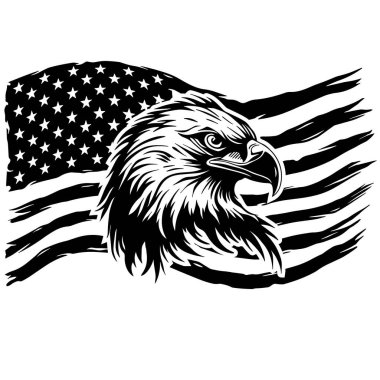 Amerikan bayrağıyla kel kartal kafası, vatansever siyah beyaz vektör çizimi.
