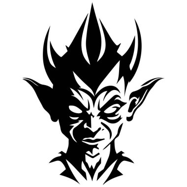 Keskin kulaklı, dikenli saçlı şeytan yüzü, karanlık fantezi tasarımı, siyah beyaz vektör çizimi..