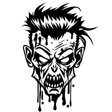 Kan damlayan zombi kafası, korkunç ölümsüz korku tasarımı, siyah beyaz vektör çizimi..