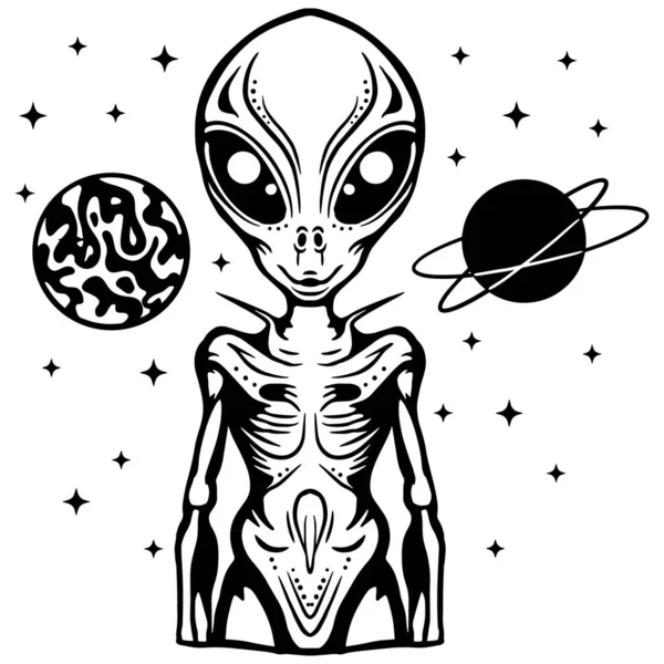 Gezegenleri ve yıldızları olan stilize edilmiş yabancı kozmik vektör çizimi bilim kurgu sanatı, baskılar ve kesim dosyaları için mükemmel..