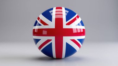 Parlak 3D küre Birleşik Krallık bayrağı, Union Jack tasarımı kırmızı, beyaz ve mavi renkler, gerçekçi yansımalar, gri arka planda izole edilmiş