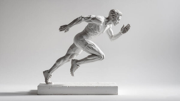 Dynamic white sculpture of a male runner captured in motion. Realistic anatomical detail, symbolizing speed, strength, and determination.