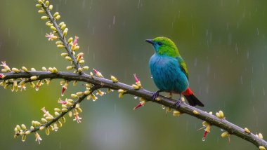 Cennet tangası, yumuşak yağmurda açan bir dala tünemiş canlı turkuaz, yeşil ve kırmızı tüyler sergiliyor.