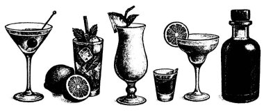 Klasik kokteyl ve şişe seti, fotokopi yarım ton fotokopi sanatı, siyah beyaz bar koleksiyonu, şeffaf olarak izole edilmiş.