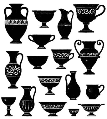 Antik Yunan çömlek koleksiyonu, fotokopi yarım ton asgari sanat, eski fotokopi illüstrasyonu, şeffaf arka planda izole edilmiş.