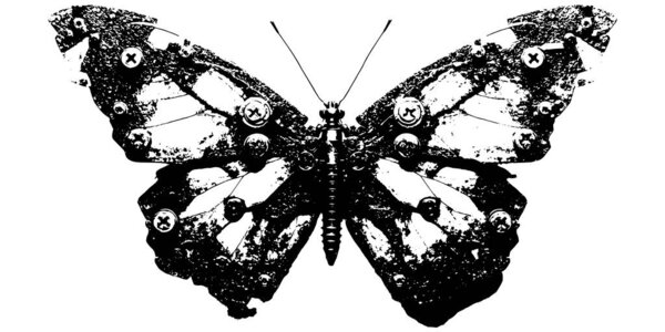 Механическая гравировка бабочки черно-белый вектор, стимпанк-насекомое с металлическими деталями, сюрреалистическая ретро-иллюстрация изолирована