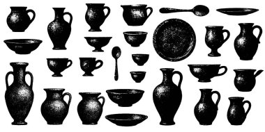 Antik Yunan çömlek ve sofra takımı, fotokopi yarım ton sanat, eski fotokopi illüstrasyonu, şeffaf arka planda izole edilmiş