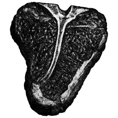 Biftek kesimi, retro fotokopi yarım ton oymalı siyah beyaz renkli fotoğraf sanatı izole edilmiş. 