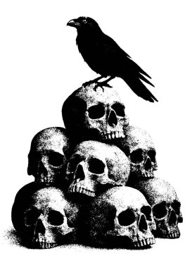 Kafatası piramidi, retro fotokopi yarım ton oymalı siyah-beyaz gotik karanlık sanat izole