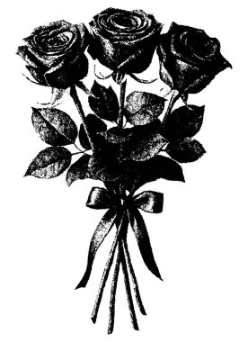 Retro fotokopi gül buketi, şeffaf arkaplanda izole edilmiş siyah-beyaz yarım ton oyma çiçekleri.