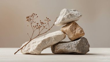 Kuru dallı doğal taşlar yığını, minimalist zen bileşimi dengeyi, ahengi ve toprak estetiği simgeliyor.