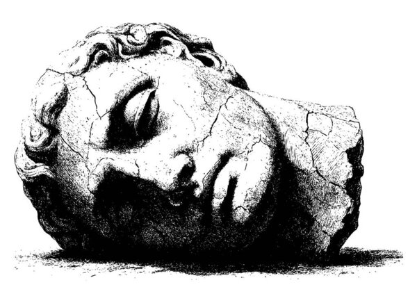 Ретро-ксерография полутоновая гравировка треснувшей головы древней скульптуры, лежащей на земле винтажной