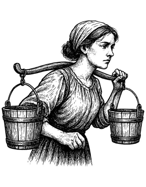 Ретро-ксерография с гравировкой женщины, несущей два деревянных ведра с плечевым игом
