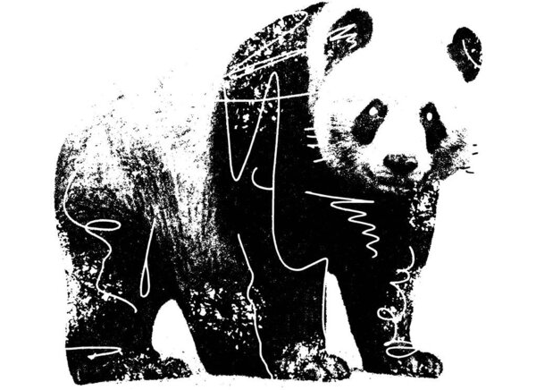 Ретро-ксерография полутоновая гравировка панды с поврежденным зерном и царапанной текстурой жирная черно-белая винтажная