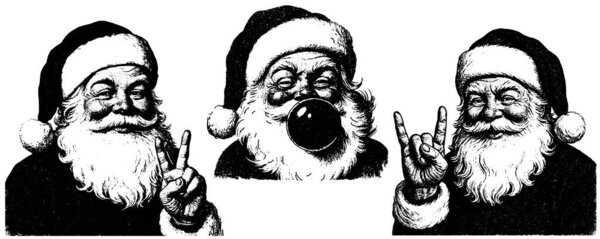 Ретро-ксерография Дед Мороз с тремя выразительными позами и указателями рук, высококонтрастный стиль гравировки, изолированный на прозрачном фоне.