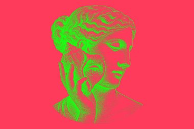 Neon Retro Venüs Heykeli Poster Vintage İşleme Biçimli Klasik Heykel Üzerinde Yeşil Işıltı Pembe Arkaplan