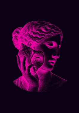 Neon Retro Venüs Heykeli Poster Vintage İşleme Biçimli Klasik Heykel Parlak Pembe Parlak Arkaplanda Deniz Cehennemi