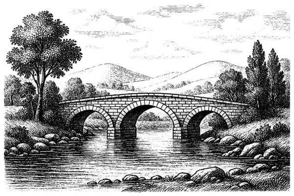 Картины на стенах старинных ретро-каменных мостов, пейзажи рек с деревьями и холмами, векторная иллюстрация Прозрачный фон