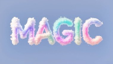 Fluffy Pastel Magic Text Illustration  dreamy cloud lettering, airy soft texture, purple-blue background