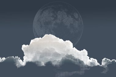 Yumuşak Beyaz Bulutun Arkasında Solmuş Dolunay, Atmosferik Gece Gökyüzü Düşsel Bulutlu, Sakin Doğanın Arkaplanı