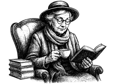 Çay, Retro Oyma Biçimi, Nostaljik Siyah ve Beyaz Vektörlü Yaşlı Kadın Okuma Kitabı