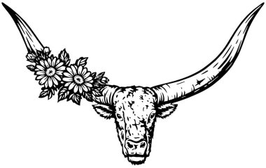 Uzun Boynuzlu Boğa Kafatası, Boho Western Line Art Vector, Vintage oymalı Buffalo Kafatası SVG Tasarımı