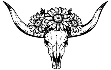 Uzun Boynuzlu Boğa Kafatası, Boho Batı Hattı Sanat Vektörü, Klasik Bufalo Kafatası Tasarımı