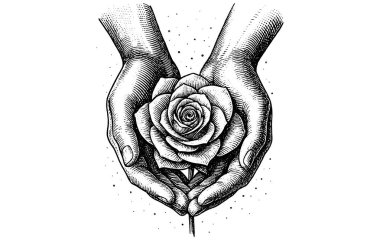 Vintage Oymalı Eller Gül, Sembolik Çiçek Çizgisi Sanat İllüstrasyonu, Romantik Botanik Clipart, Duygusal Tasarım