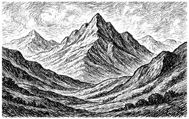 Klasik oyma Dağ Manzarası Çizimi, Detaylı Doğa Sahnesi, Klasik Çizgi Sanatı Zirvesi