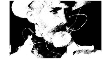 Yüksek Karşıtlık Klasik Kovboy Portresi, Kırsal Batı Silueti, Siyah Beyaz Yarıton Tarzı, Sanatsal İllüstrasyon