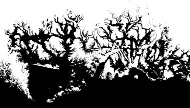 Klasik Xerography Şube Alanı, Retro Yarım Tonlama Hava Ağacı benzeri Dünya Şablonu, Yüksek Karşıtlık Siyah Beyaz Vektörü