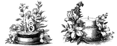 Klasik İşlemeli Çiçek Doğum Günü Pastaları, Çiçeklerle Siyah Beyaz Tatlı İllüstrasyonu, Mum ve 18 Numara, Vector Set