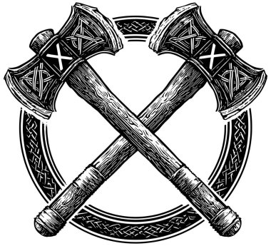 Viking Balta Vektörü, Çapraz İskandinav Savaş Eksenleri Kabartması, Klasik Siyah Beyaz Savaşçı Sembol İllüstrasyonu