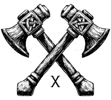 Viking Axes Vector, Crossed Nordic Battle Axes Engraving, Vintage Black White Warrior Symbol Illustration