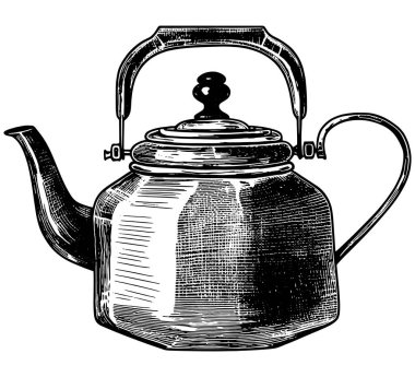 Klasik Metal Çaydanlık Vektörü, Retro Oymalı Mutfak Kazanı İllüstrasyonu, Siyah Beyaz Klasik Çizim