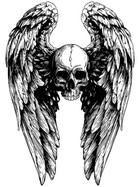 Kafatası Melek Kanatları Vektörü, Gotik oyma Kara Melek Çizimi, Siyah Beyaz Dövme Sanatı