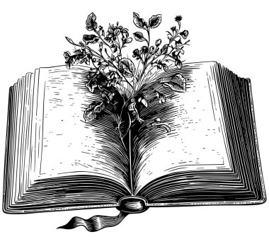 Çiçekli Klasik Açık Kitap, Saydam Arkaplan Üzerine İşlemeli Retro Fotokopi
