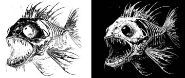 Eskimiş Balık İskeleti İşlemesi, Siyah Beyaz Fotokopi Vektörü Karanlık Arkaplanda Lazer İşlemesi