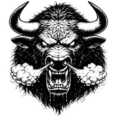 Öfkeli Boğa Başı İllüstrasyonu, Güçlü Canavar Portresi, Oymalı Çizgi Sanatı
