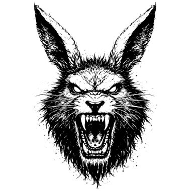 Agresif Tavşan İllüstrasyonu, Vahşi Tavşan Portresi, Kabartmalı Çizgi Sanatı