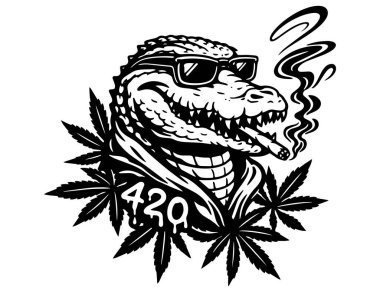 Cool 420 Timsah İllüstrasyonu, Güneş Gözlüklü Ot Timsahı, Temiz Çizgi Sanat Tasarımı