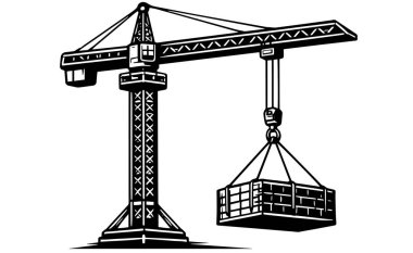 İnşaat Crane Illustration, Tower Crane Lift Load, Clean Line Art Design