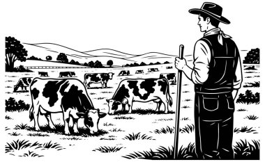 Çoban Sığır İllüstrasyonu, Çiftlik Hayvanları Sürüsü Sahnesi, Çiftlik Çizgisi Sanatı