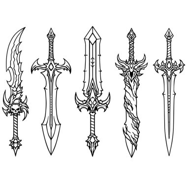 Fantezi ve ortaçağ kılıçları, oyun tasarımı, dövmeler ve ticareti için ayrıntılı çizgiler.