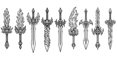 Fantezi ve ortaçağ kılıçları, oyun tasarımı, dövmeler ve ticareti için ayrıntılı çizgiler.